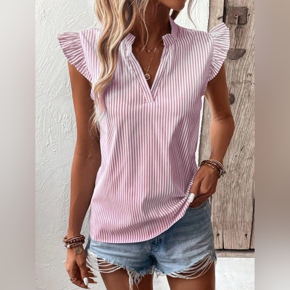 Pink Striped Ruffle Sleeve Top - Picture 2 of 5